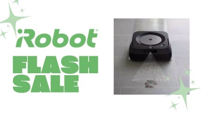 An image of the iRobot Roomba mop next to green text that reads 'iRobot Flash Sale.'